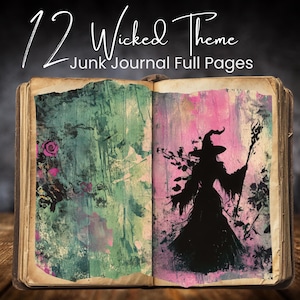 May include: Twelve full-page printable designs for junk journals with a wicked theme. The pages feature a witch silhouette, roses, and a grunge aesthetic in shades of pink, green, and black.
