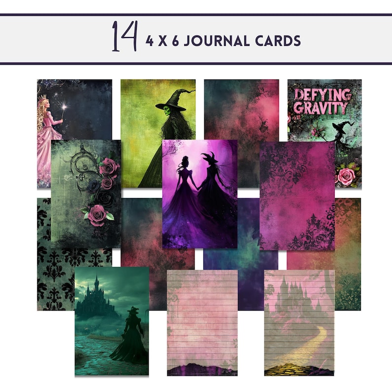 May include: A set of 14 printable 4x6 inch journal cards featuring a witch, a castle, and other magical elements. The cards have a dark, whimsical aesthetic with a mix of textures and colors, including green, purple, pink, and black.