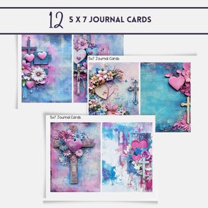 May include: Twelve 5x7 inch journal cards with a mixed media collage design featuring crosses, hearts, flowers, and a blue and pink color scheme.
