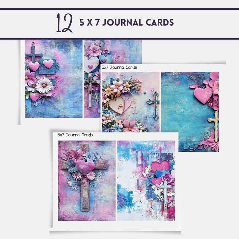 May include: Twelve 5x7 inch journal cards with a mixed media collage design featuring crosses, hearts, flowers, and a blue and pink color scheme.