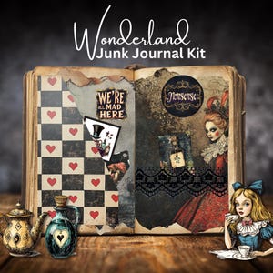 Kit de carnets de voyage Alice au pays des merveilles : documents éphémères imprimables, autocollants et fournitures de scrapbooking