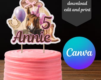 May include: Printable cake topper featuring a cartoon horse with a pink hat and a horseshoe. The topper also includes the name "Annie" and the number "5" in pink. The topper is designed for a birthday party.