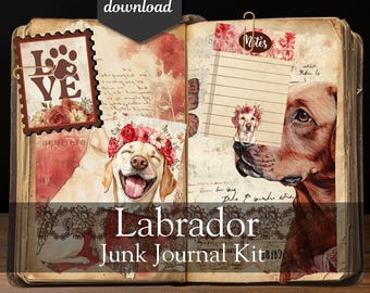 Kit per diario creativo a tema Labrador, con immagini vintage di cani (download digitale)