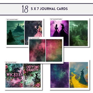 May include: A set of 18 printable 5x7 inch digital journal cards featuring a whimsical fairytale theme. The cards include images of witches, castles, and magical landscapes. The text "DEFYING GRAVITY" and "WICKED" are featured on two of the cards.