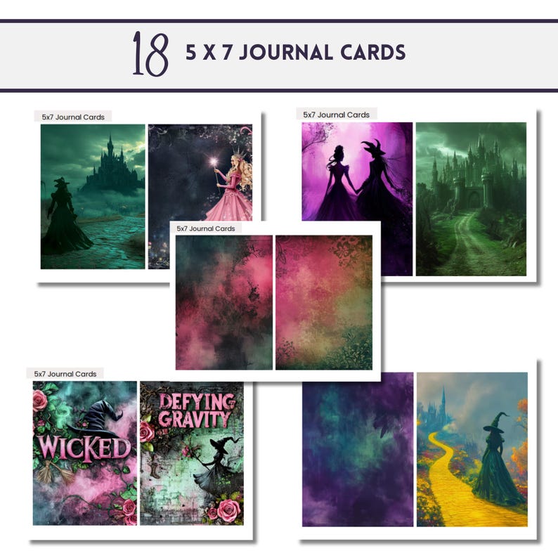May include: A set of 18 printable 5x7 inch digital journal cards featuring a whimsical fairytale theme. The cards include images of witches, castles, and magical landscapes. The text "DEFYING GRAVITY" and "WICKED" are featured on two of the cards.