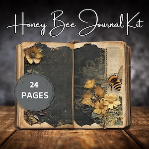 honey bee junk journal kit digital, vintage printable ephemera for crafting, bee-themed scrapbook pages