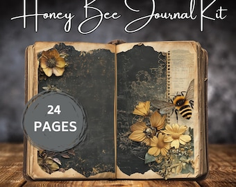 honey bee junk journal kit digital, vintage printable ephemera for crafting, bee-themed scrapbook pages