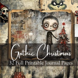 Puede incluir: Imagen de arte digital con temática de Navidad gótica. Un personaje pálido sostiene un árbol de Navidad rojo. El texto "Gothic Christmas" y "32 Full Printable Journal Pages" se muestra en escritura blanca sobre un fondo texturizado.
