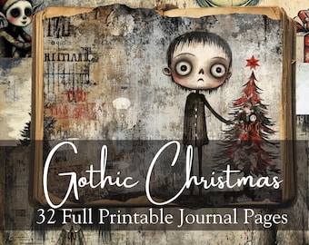 Puede incluir: Imagen de arte digital con temática de Navidad gótica. Un personaje pálido sostiene un árbol de Navidad rojo. El texto "Gothic Christmas" y "32 Full Printable Journal Pages" se muestra en escritura blanca sobre un fondo texturizado.