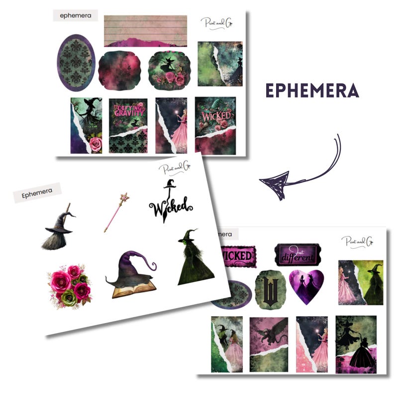 May include: A set of printable witch-themed digital stickers featuring illustrations of witches, hats, brooms, and other magical elements. The stickers are perfect for adding a touch of whimsy to planners, journals, and other craft projects.
