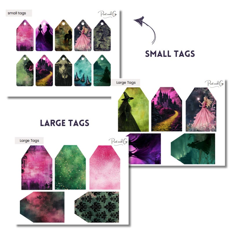 May include: Printable digital download of 10 whimsical tags featuring a fairytale theme. The tags are in two sizes, small and large, and feature images of a witch, a castle, a princess, and a magical road. The text "Print and Go" appears on the page.