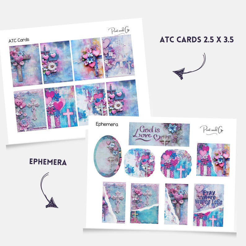 May include: Printable digital collage sheet with a religious theme. The sheet includes 10 images of crosses, hearts, flowers, and text. The text includes "God is Love" and "Pray More Worry Less".