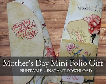 Peut inclure: Mini-folio cadeau imprimable pour la fête des mères avec un motif floral vintage. Le devant du folio porte le texte "Joyeuse fête des mères" en écriture rouge. Le dos du folio porte le texte "Wonderfully Beautiful Thing" en écriture décorative.