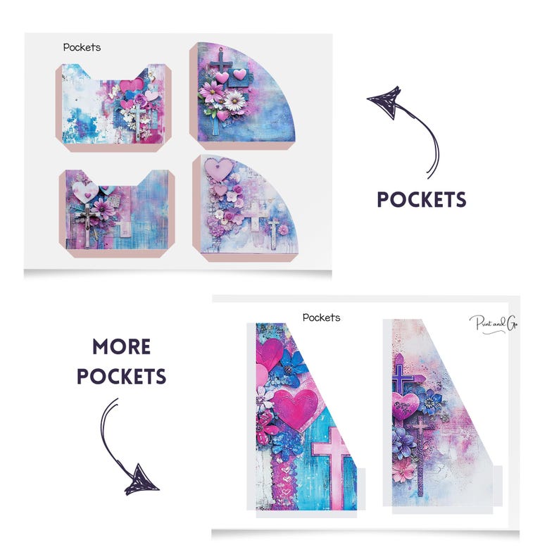 May include: Four printable pocket designs featuring a blue and pink background with crosses, hearts, and flowers. The text "POCKETS" is written in black on a white background.