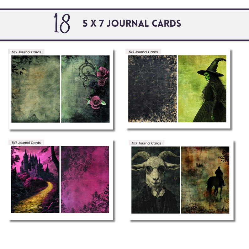 May include: A set of 18 digital printable journal cards featuring a variety of spooky and gothic designs. The cards include images of a castle, a witch, a goat, and floral patterns. The cards are perfect for adding a touch of whimsy to your journals, planners, or scrapbooks.