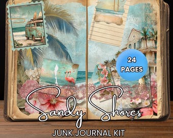 May include: An open vintage book with pages filled with colourful images and ephemera. The book has a blue and white cover with the text "Sandy Shores Junk Journal Kit" and a blue circle with the text "24 PAGES".