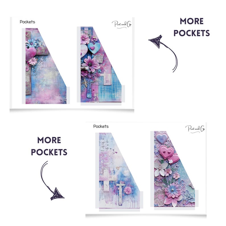 May include: Two sets of printable pocket folders with a floral design. The folders are in a light blue and pink color scheme with a cross and hearts. The text "More Pockets" is on the image.