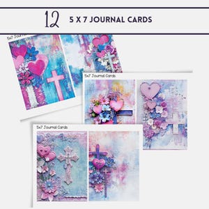 May include: Twelve 5x7 inch journal cards with a religious theme. The cards feature a cross, hearts, and flowers in shades of pink, purple, and blue on a textured background.