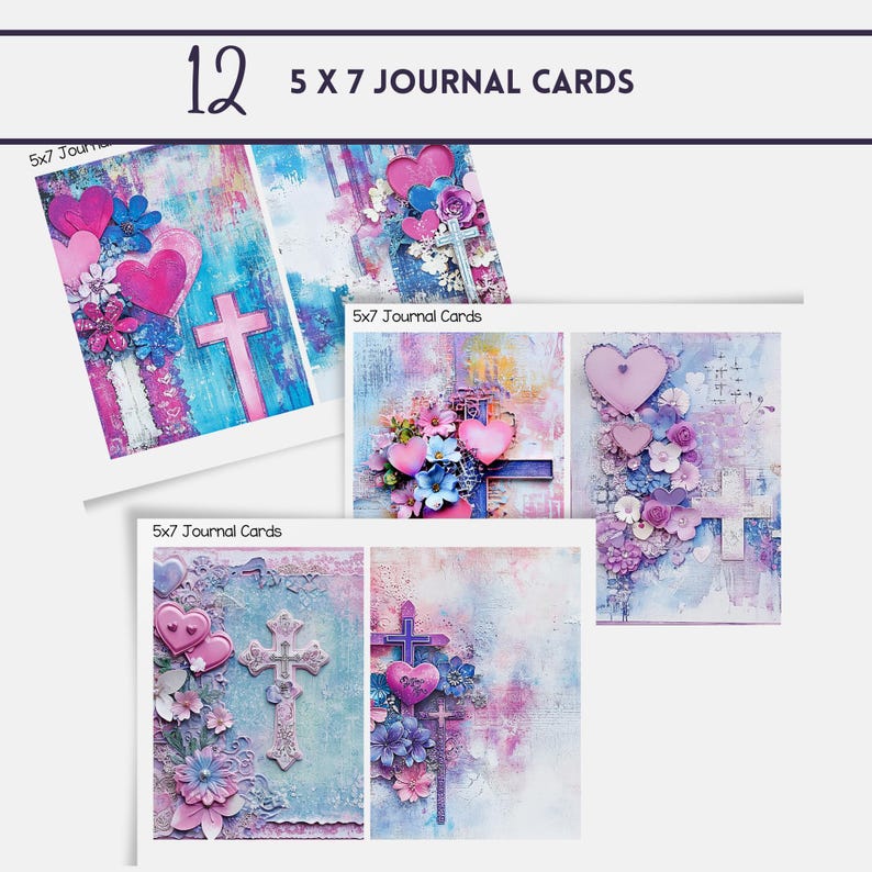 May include: Twelve 5x7 inch journal cards with a religious theme. The cards feature a cross, hearts, and flowers in shades of pink, purple, and blue on a textured background.
