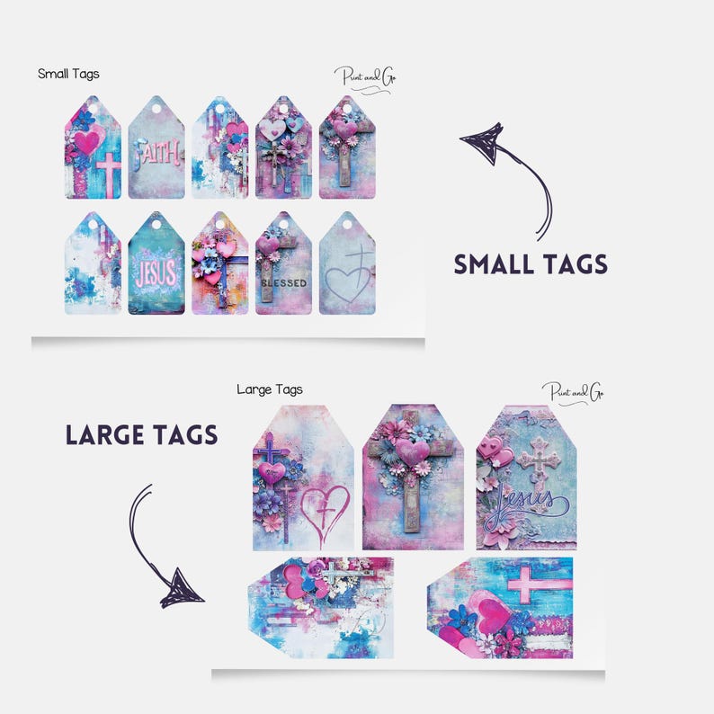 May include: A set of printable digital tags featuring a watercolor background with crosses, hearts, and religious words like "Faith", "Jesus", and "Blessed". The tags are available in two sizes: small and large.