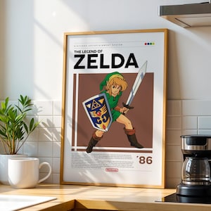 Peut inclure: Une affiche de style rétro représentant le personnage emblématique du jeu vidéo Link de The Legend of Zelda. L'affiche est dans un cadre blanc avec un fond brun et présente le texte "The Legend of Zelda" et "'86".