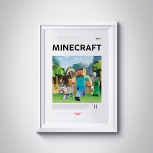 Könnte beinhalten: Ein weißer gerahmter Poster mit dem Minecraft-Logo und einem bunten Bild eines Charakters aus dem Spiel. Der Poster hat den Text "Minecraft" in Schwarz und die Zahl "11" in Weiß.