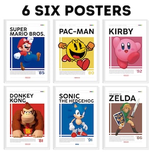 Retro spelposterset: Super Mario, Sonic, Pac-Man, Donkey Kong, Kirby, Zelda (digital nedladdning)