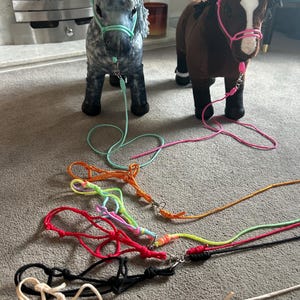 May include: Two toy horses, one grey and one brown, each with a halter and lead rope. Several colourful lead ropes in various colours are laid out on the floor. The horses are positioned in front of a fireplace.