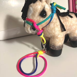 May include: A plush toy horse with a colorful halter and matching leash. The horse is tan with black mane and tail. The halter and leash are made of bright pink, blue, yellow, and green cord. The leash is attached with a silver clasp.