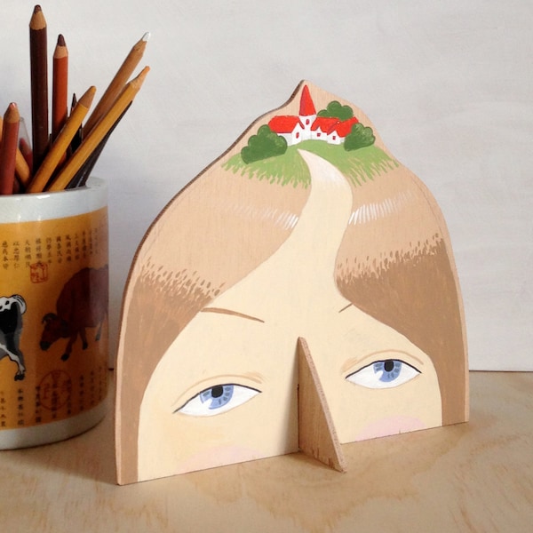 Hand painted plywood sculpture - Lady with Village on her Head XIV