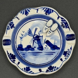 Vintage Delft Blue Ashtray, Hand Painted Dutch Clog, Holland Windmill Pottery, Ceramic Trinket Dish