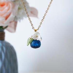 Handmade Resin Blueberry & White Flower Necklace | Cute Floral Jewelry | Fruit-Inspired Pendant for Nature Lovers | Unique Gift for Her