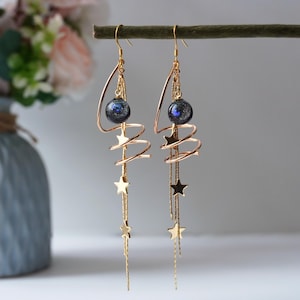 Handmade Resin Planet Earrings with Spiral Metal Ring & Star Chains | Galaxy Drop Dangle | Space Jewelry | Universe Gift for Her