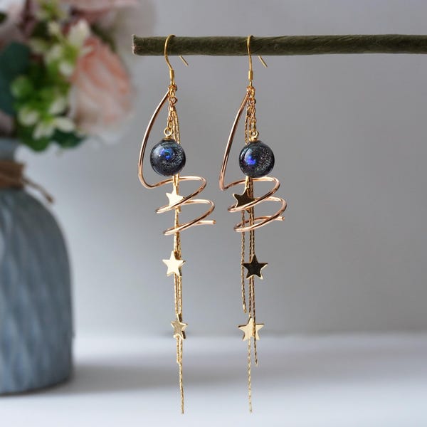 Handmade Resin Planet Earrings with Spiral Metal Ring & Star Chains | Galaxy Drop Dangle | Space Jewelry | Universe Gift for Her