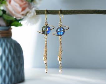 Handmade Resin Planet Earrings: Sterling Silver Hooks, Galaxy Long Chain Dangle