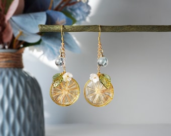 Handmade Resin Slice Lemon White Flower Earrings | Citrus Charm |  Fresh Fruit-Inspired |  Dangle | Unique | Jewelry | Gift For Mom