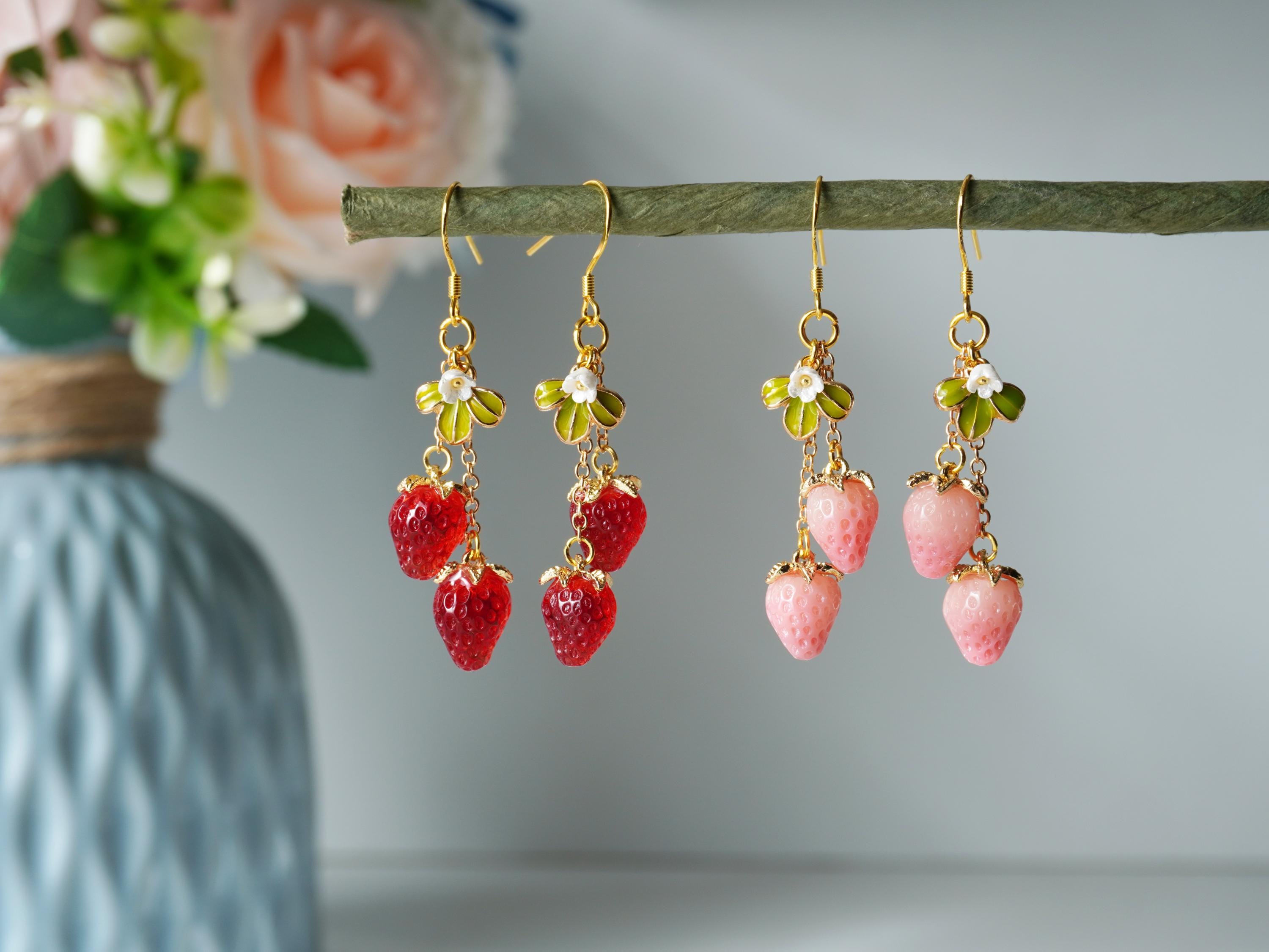 Handmade Czech Glass Strawberry Drop Earrings – Cute Fruit Jewelry Gift for Her
