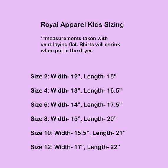 Apparel Size Chart @ Royal Apparel