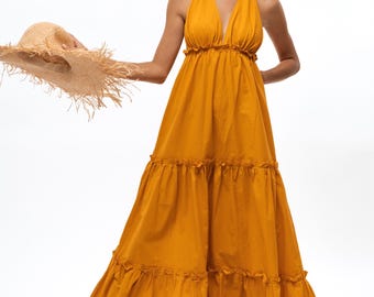 Sukienka maxi z organicznej bawełny, sukienka letnia z odkrytymi plecami i falbanką, letnia sukienka w stylu boho