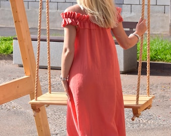 Organic Linen Maxi Dress with Frill, Summer Vacation Style, Feminine Wavy Design
