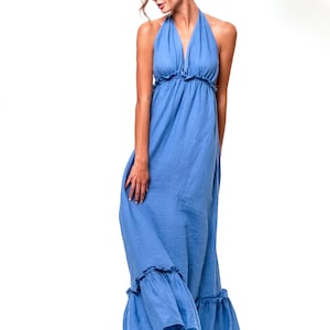 LINEN DRESS, Summer long dress with frill, beach tied  dress, feminine one colour dress, open back dress