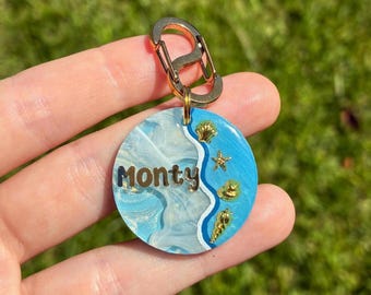 Dog Tag, Hand Painted Pet ID Tag, Beach Ocean Design, Custom Name Contact