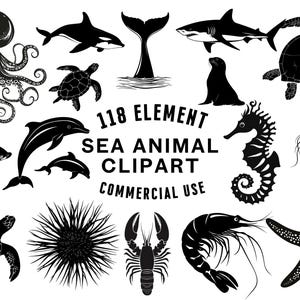 Sea Animals SVG Bundle | Ocean Animal Clipart | Marine Life Vector Designs | Underwater Silhouette | Creatures PNG Cut | Instant Download
