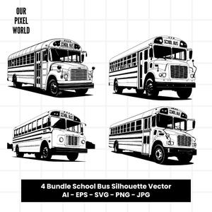 Puede incluir: Cuatro ilustraciones en silueta en blanco y negro de autobuses escolares. Cada autobús tiene las palabras "School Bus" en la parte delantera. Los autobuses están mirando hacia adelante y están sobre un fondo de cuadrícula blanca.