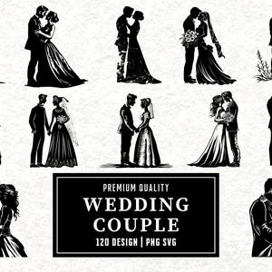 Wedding Couple SVG | Bride and Groom Silhouette | Romantic Wedding Clipart | PNG SVG Cut Files | Linocut Love Design | Instant Download