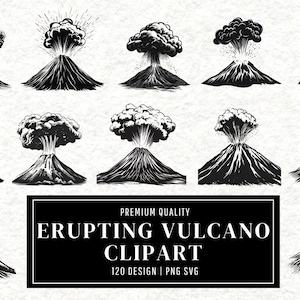 Erupting Volcano SVG Bundle Linocut Clipart | Eruption Vector Designs | Natural Disaster Silhouette | Lava PNG Cut Files | Instant Download