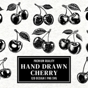 Pacchetto SVG di ciliegie / Clipart di ciliegie / Disegni vettoriali di frutta / Silhouette estiva / Prodotti freschi PNG SVG / File tagliati / Download immediato