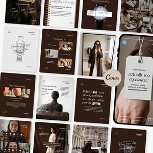 May include: A collection of digital social media templates featuring a dark brown and white color palette. The designs include text overlays, photographs of a person in a brown coat, a wristwatch, and a tag with the text Is your service actually too expensive? The layout includes various educational content slides for a brand strategy, with a prominent Canva logo circle positioned centrally among the multiple square and rectangular graphic design layouts.