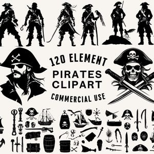 May include: A black and white illustration set of 120 pirate clipart elements for commercial use. The set includes pirates, ships, swords, skulls, treasure chests, and more.