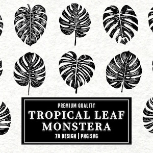 Tropical Monstera Leaf SVG | Jungle Foliage Clipart | Exotic Plant Linocut | Botanical PNG SVG Cut Files | Tropical Decor | Instant Download